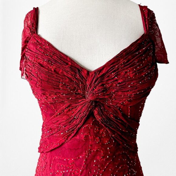 Vintage Red Beaded Fit Flared Silk Bodycon Maxi Prom Scarf Dress Size S/M - Picture 7 of 11